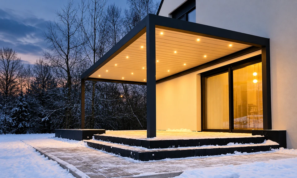 Pergola z punktowym oświetleniem LED w dachu o zmierzchu