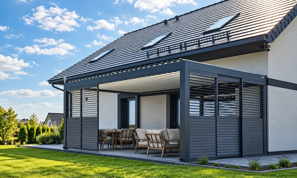 Pergola z boczną osłoną z poziomych lameli aluminiowych